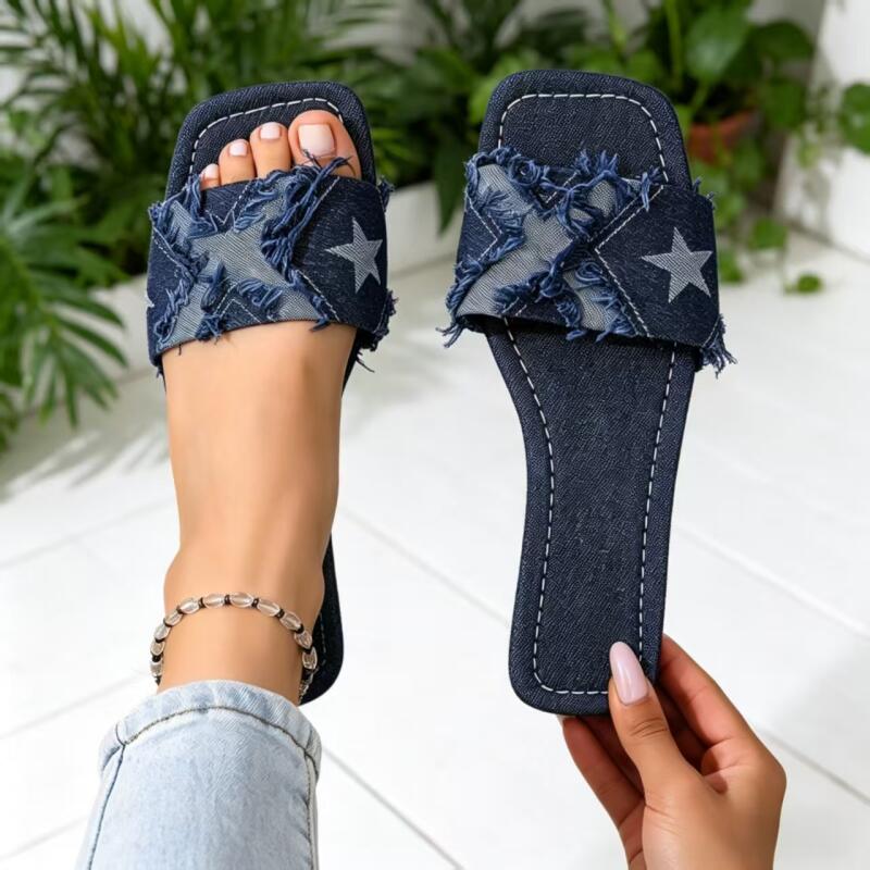 Y2K Denim Strap Flat Heel Sand - đánh giá và giá Sewing Custom