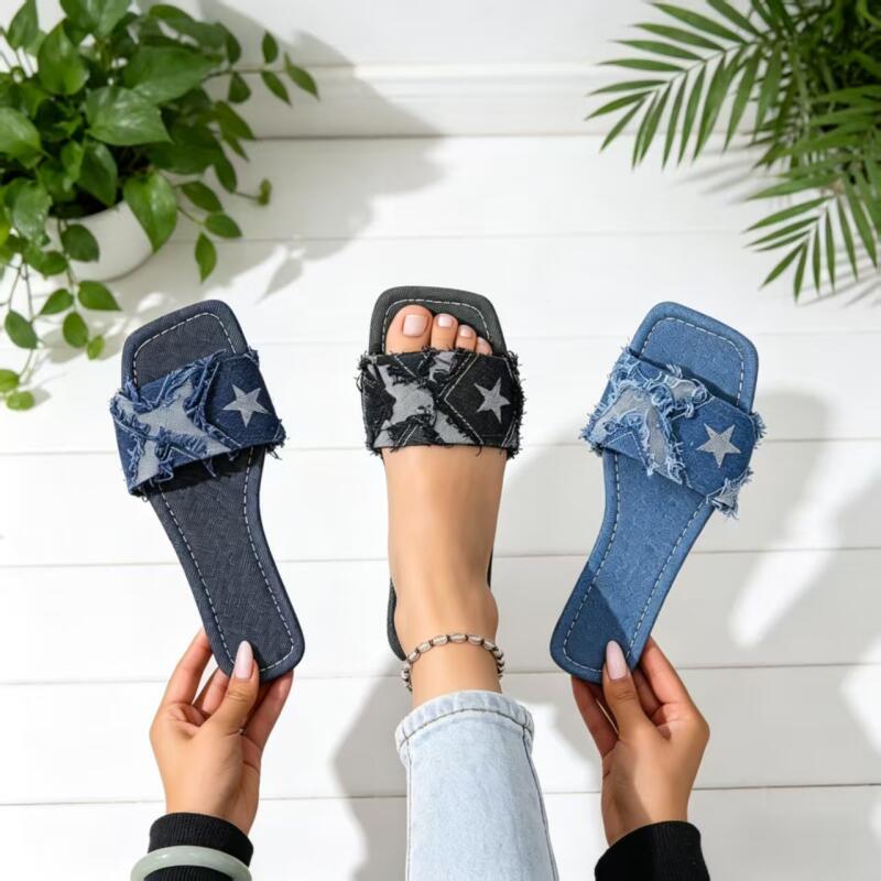 Y2K Denim Strap Flat Heel Sand - đánh giá và giá Sewing Custom