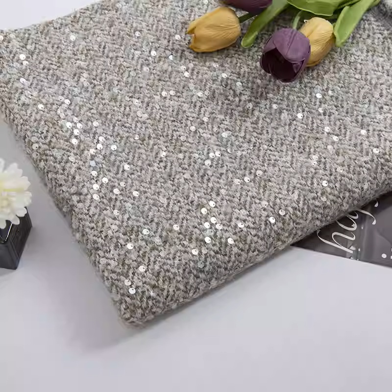 Light Grey With Sequin Yarn-Dy - đánh giá và giá Sewing Tweed Fabric